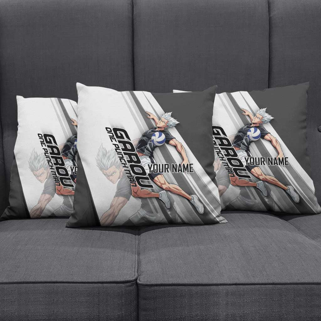 Personalized Garou Volleyball Action Design Pillow Cover with Monochrome Stripes and Dynamic Pose