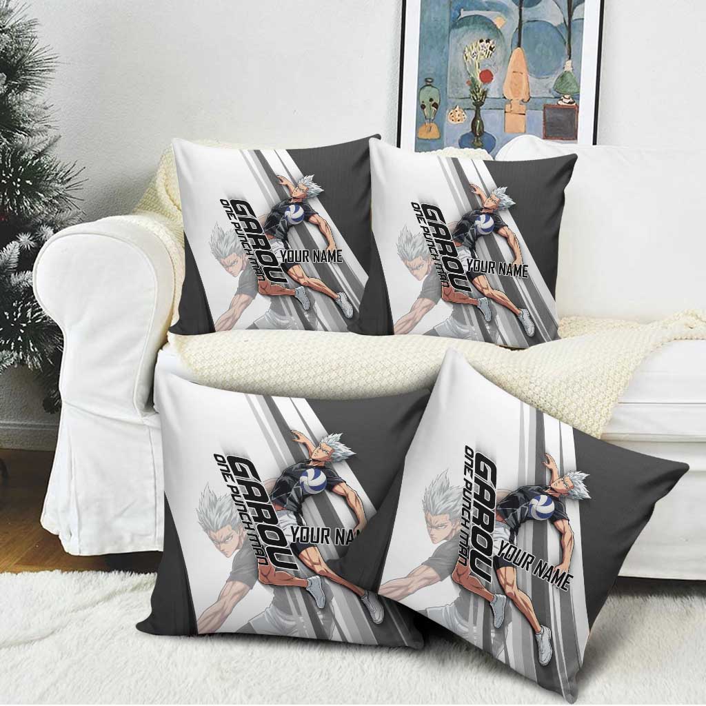 Personalized Garou Volleyball Action Design Pillow Cover with Monochrome Stripes and Dynamic Pose