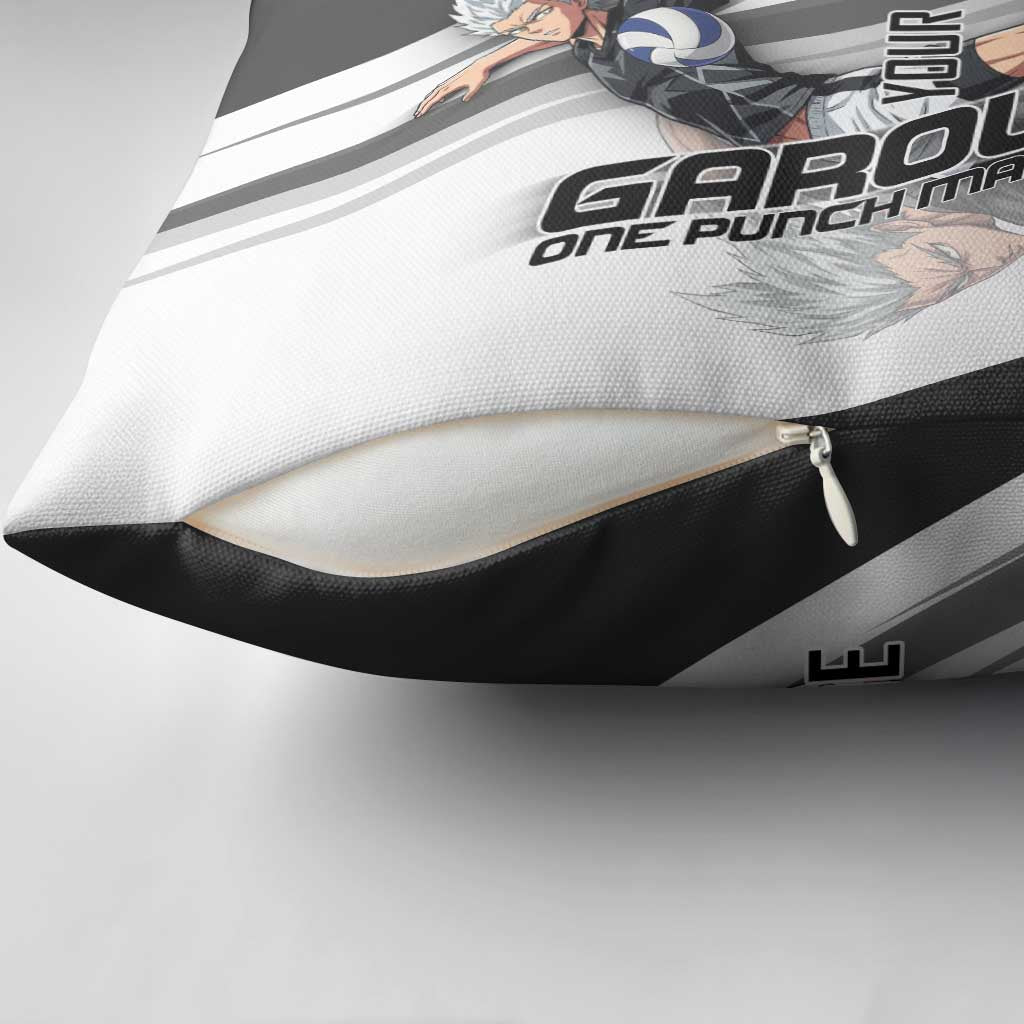 Personalized Garou Volleyball Action Design Pillow Cover with Monochrome Stripes and Dynamic Pose