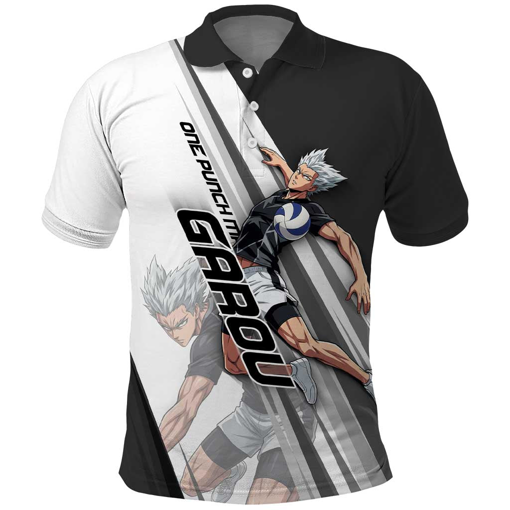 Personalized Garou Volleyball Action Design Polo Shirt with Monochrome Stripes and Dynamic Pose