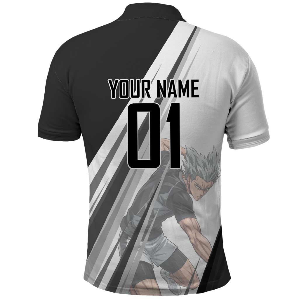 Personalized Garou Volleyball Action Design Polo Shirt with Monochrome Stripes and Dynamic Pose
