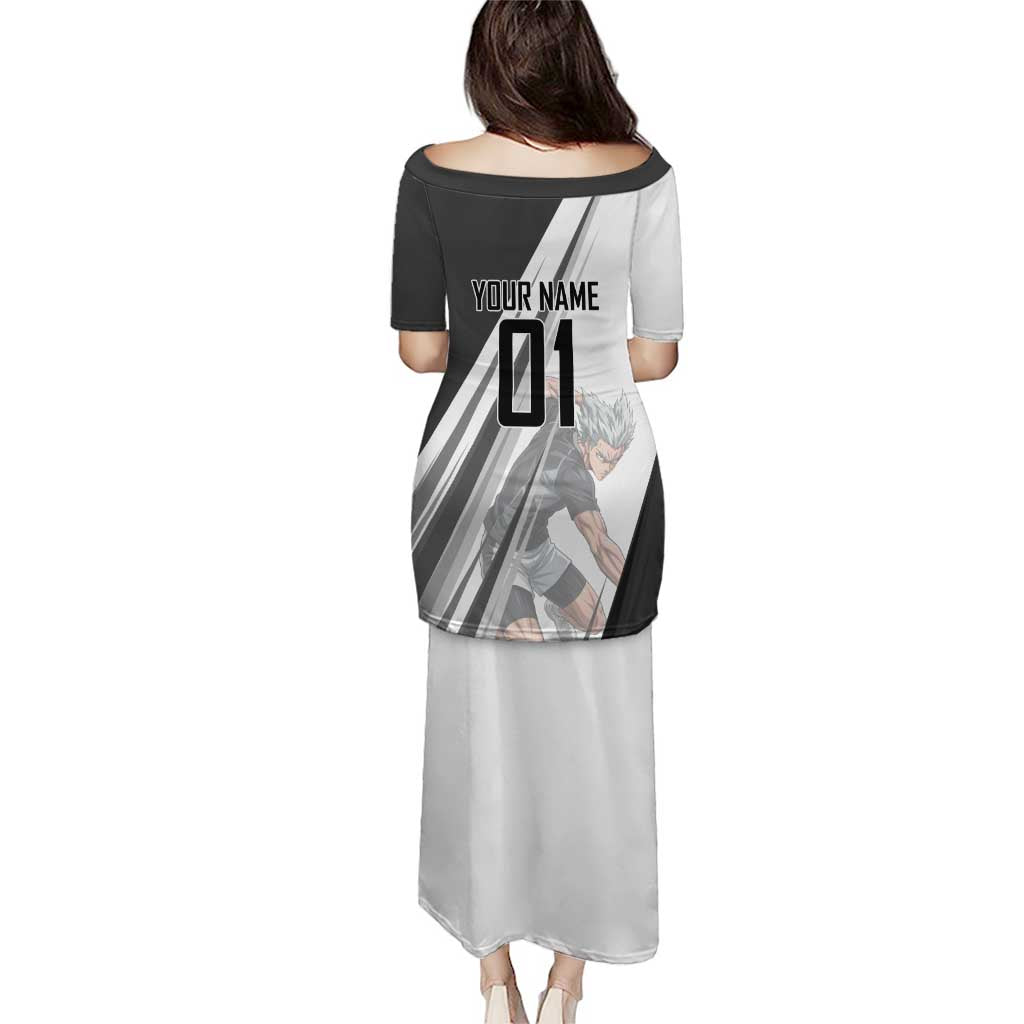 Personalized Garou Volleyball Action Design Puletasi with Monochrome Stripes and Dynamic Pose