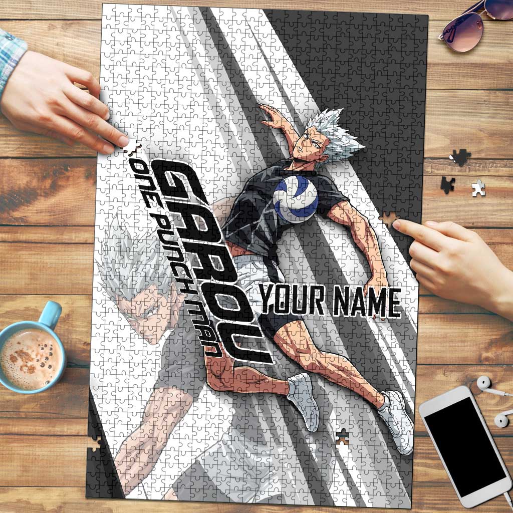 Personalized Garou Volleyball Action Design Puzzle with Monochrome Stripes and Dynamic Pose