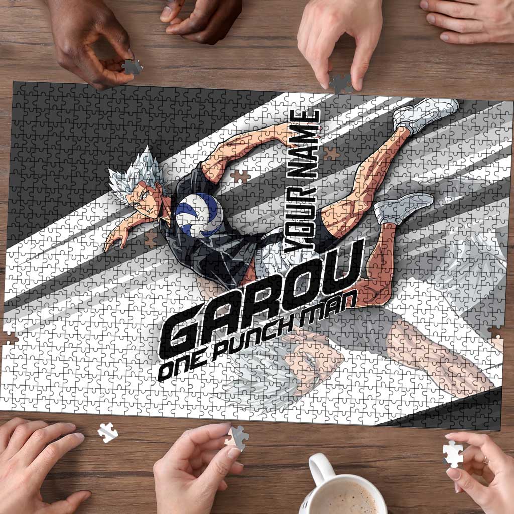 Personalized Garou Volleyball Action Design Puzzle with Monochrome Stripes and Dynamic Pose