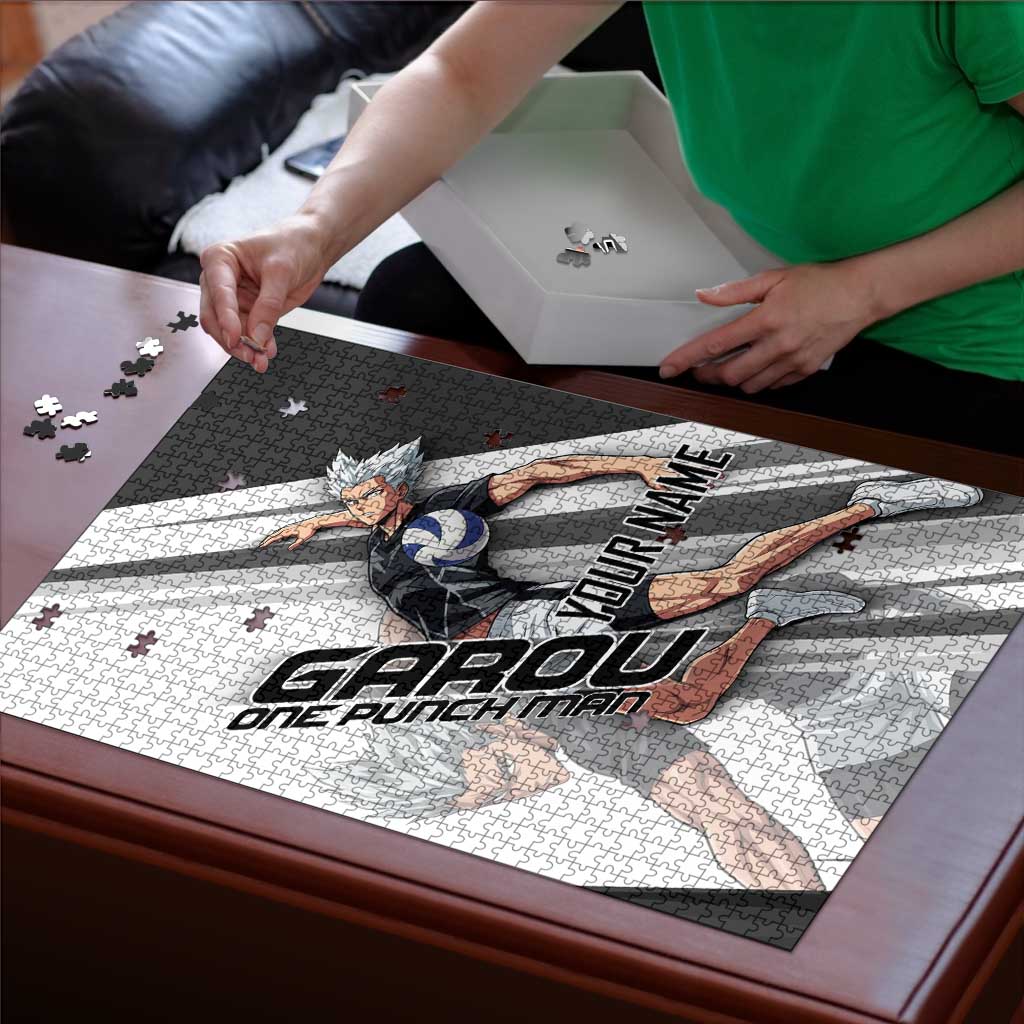 Personalized Garou Volleyball Action Design Puzzle with Monochrome Stripes and Dynamic Pose
