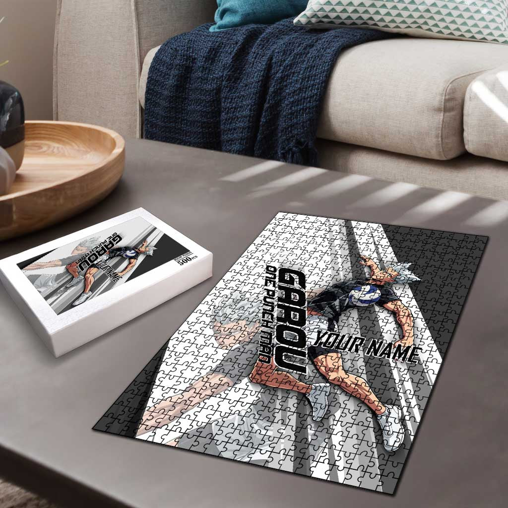 Personalized Garou Volleyball Action Design Puzzle with Monochrome Stripes and Dynamic Pose