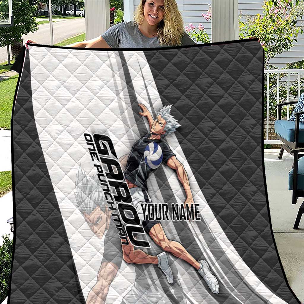 Personalized Garou Volleyball Action Design Quilt with Monochrome Stripes and Dynamic Pose