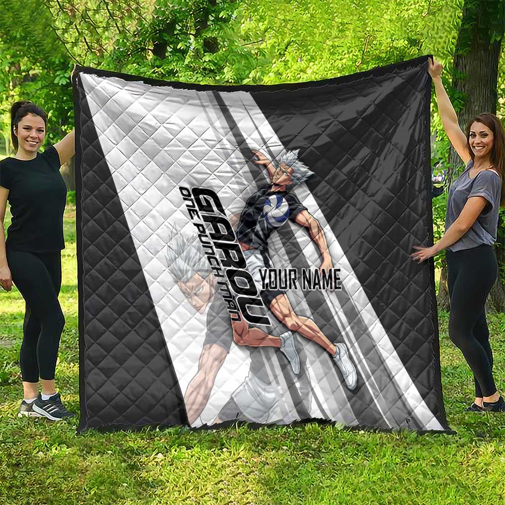 Personalized Garou Volleyball Action Design Quilt with Monochrome Stripes and Dynamic Pose