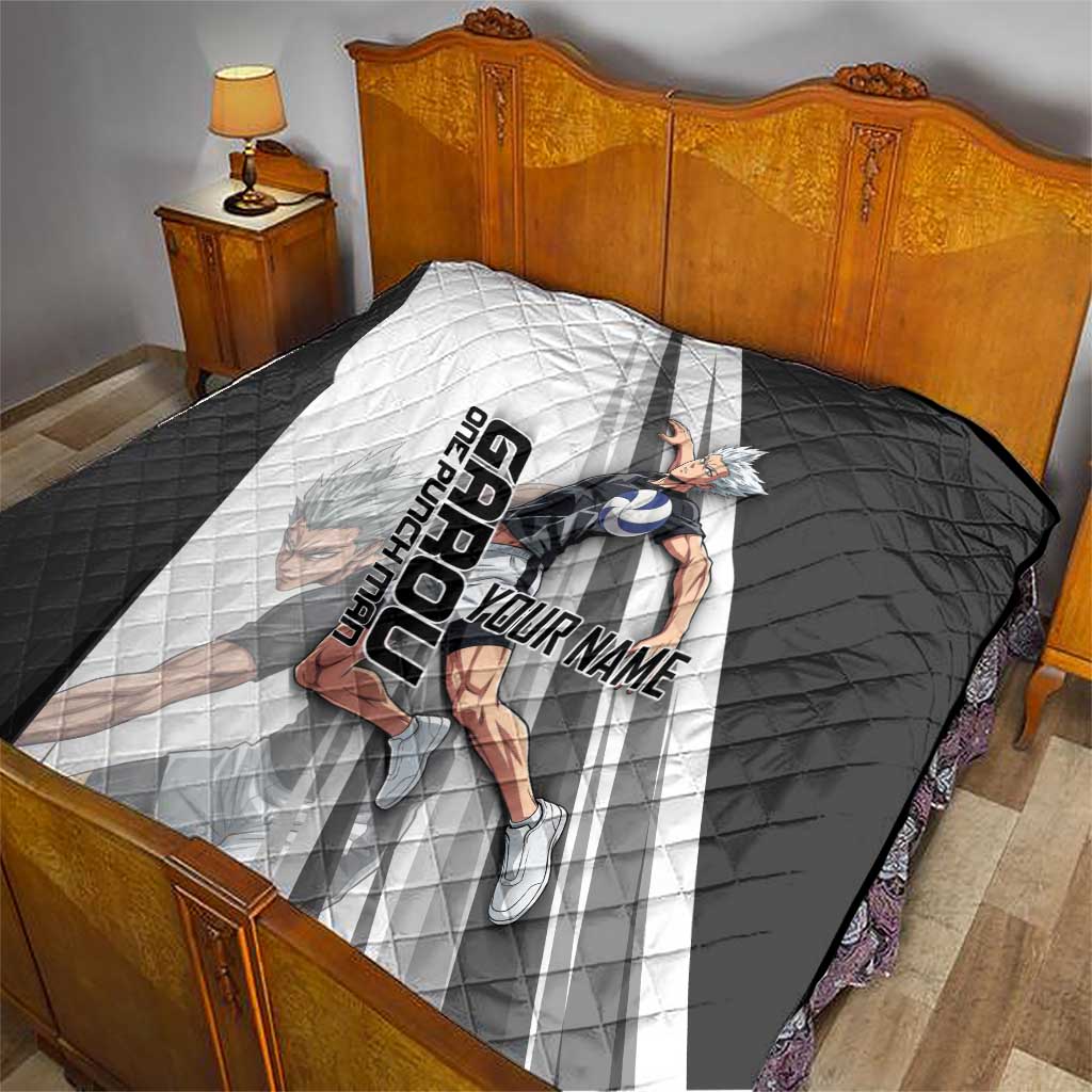 Personalized Garou Volleyball Action Design Quilt with Monochrome Stripes and Dynamic Pose