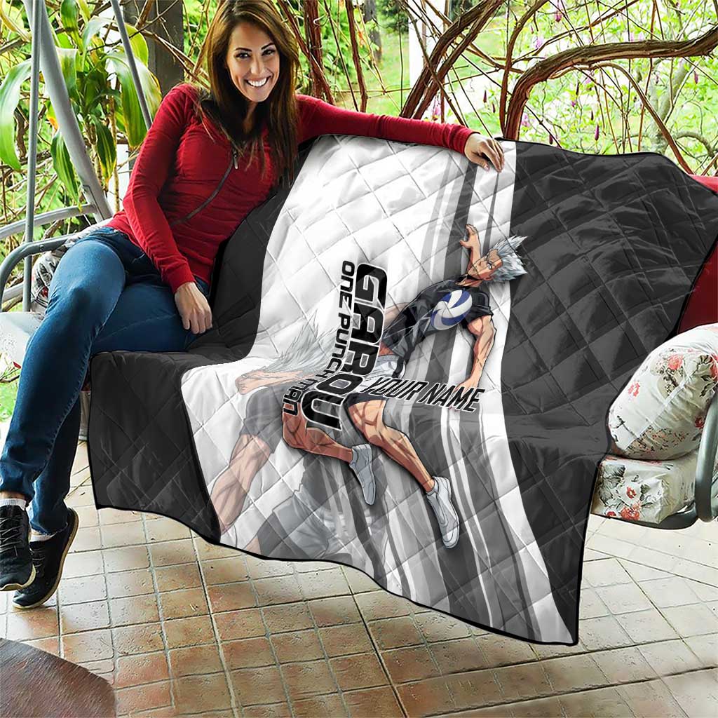 Personalized Garou Volleyball Action Design Quilt with Monochrome Stripes and Dynamic Pose