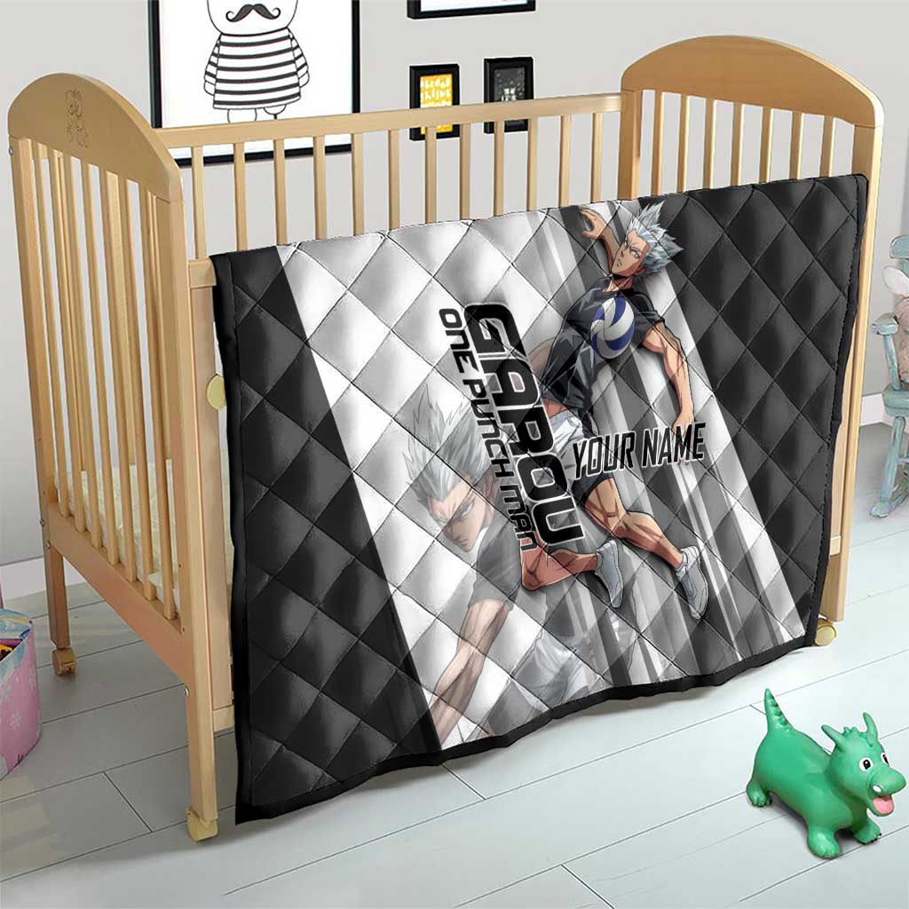 Personalized Garou Volleyball Action Design Quilt with Monochrome Stripes and Dynamic Pose