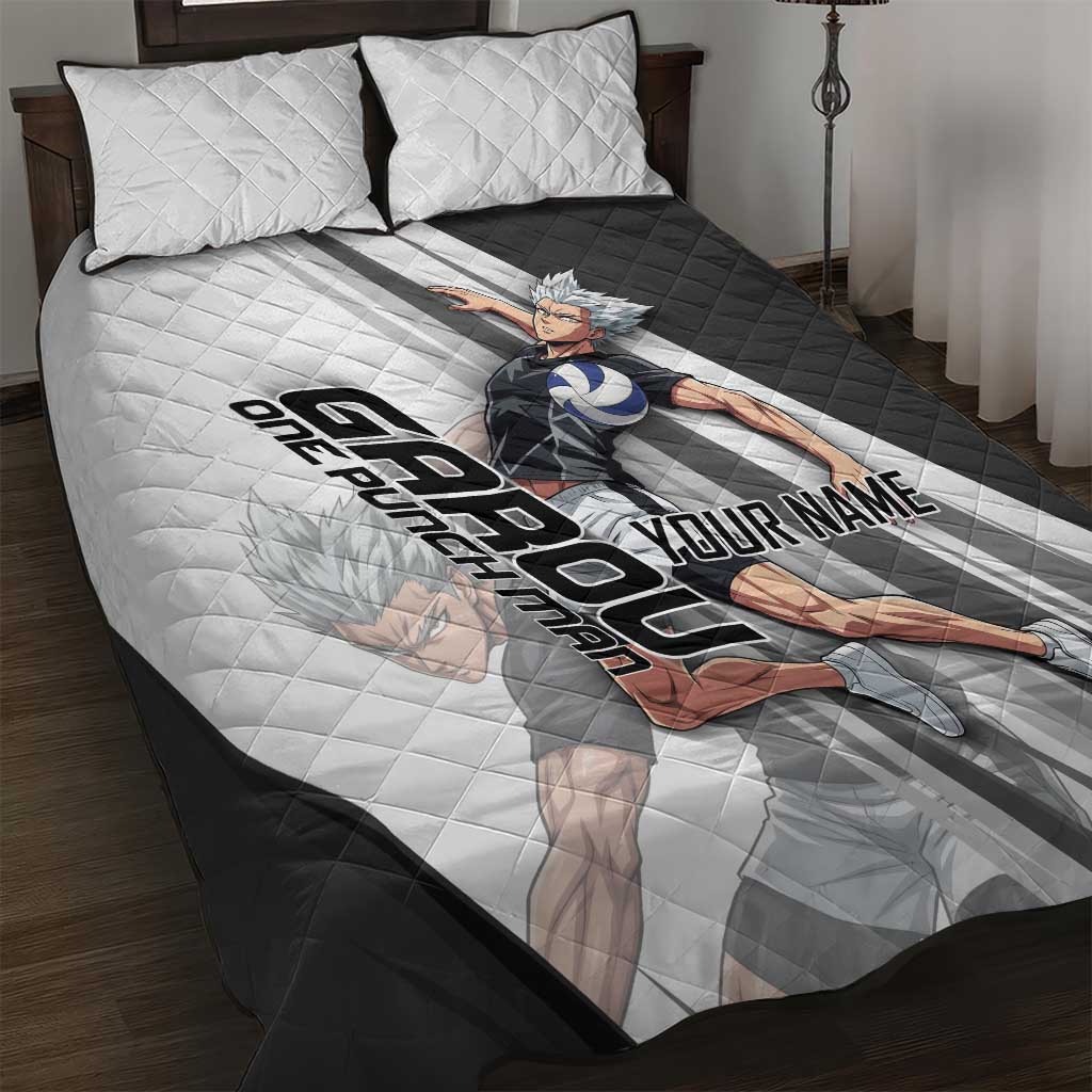 Personalized Garou Volleyball Action Design Quilt Bed Set with Monochrome Stripes and Dynamic Pose