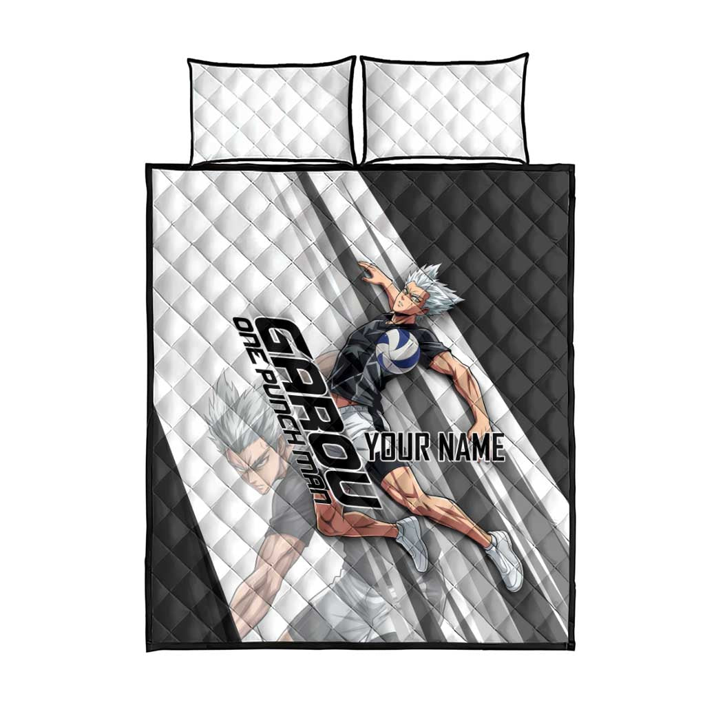 Personalized Garou Volleyball Action Design Quilt Bed Set with Monochrome Stripes and Dynamic Pose