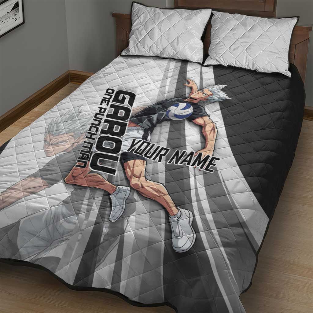Personalized Garou Volleyball Action Design Quilt Bed Set with Monochrome Stripes and Dynamic Pose