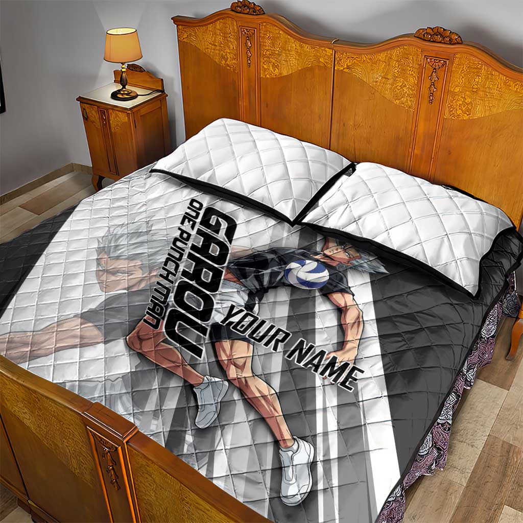 Personalized Garou Volleyball Action Design Quilt Bed Set with Monochrome Stripes and Dynamic Pose
