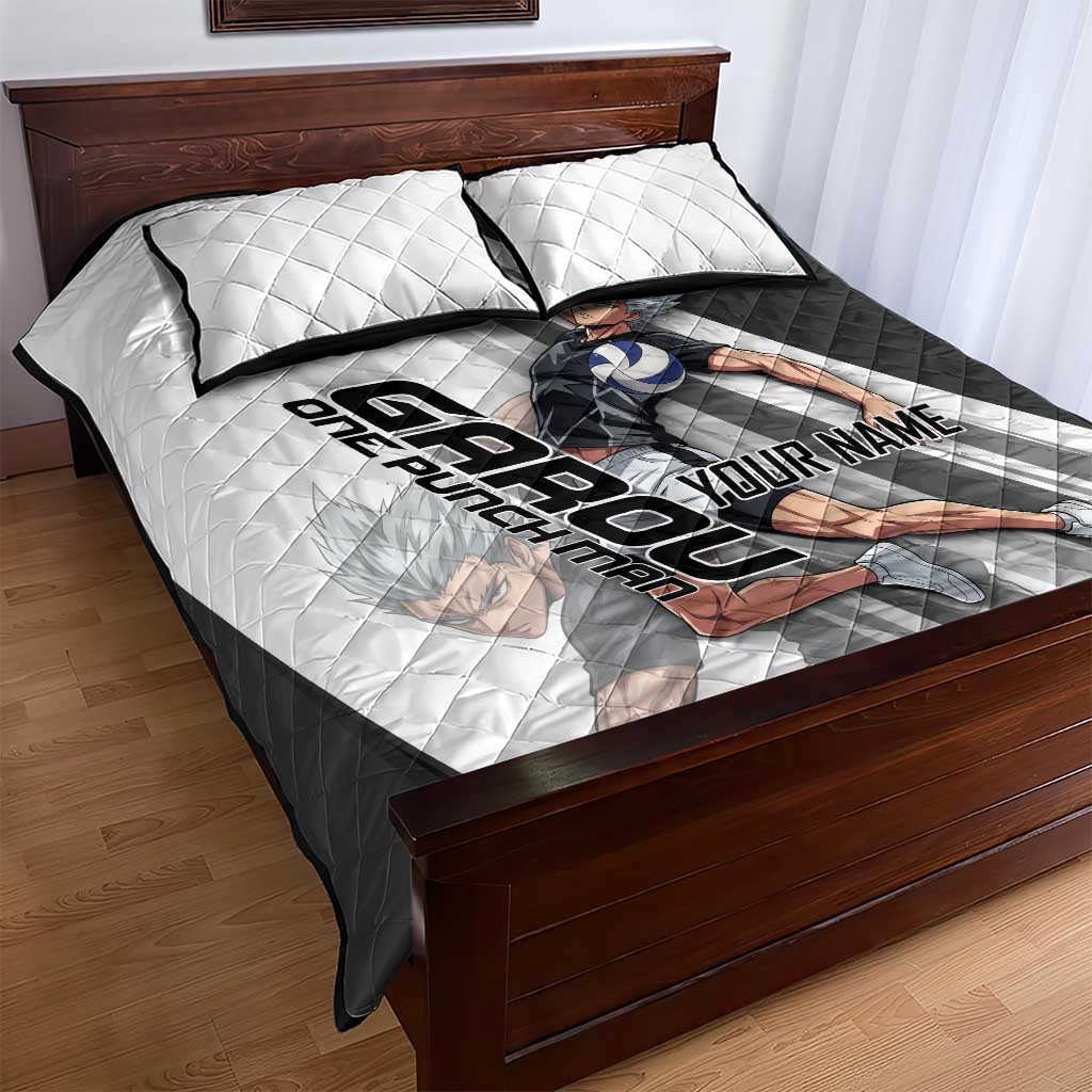 Personalized Garou Volleyball Action Design Quilt Bed Set with Monochrome Stripes and Dynamic Pose