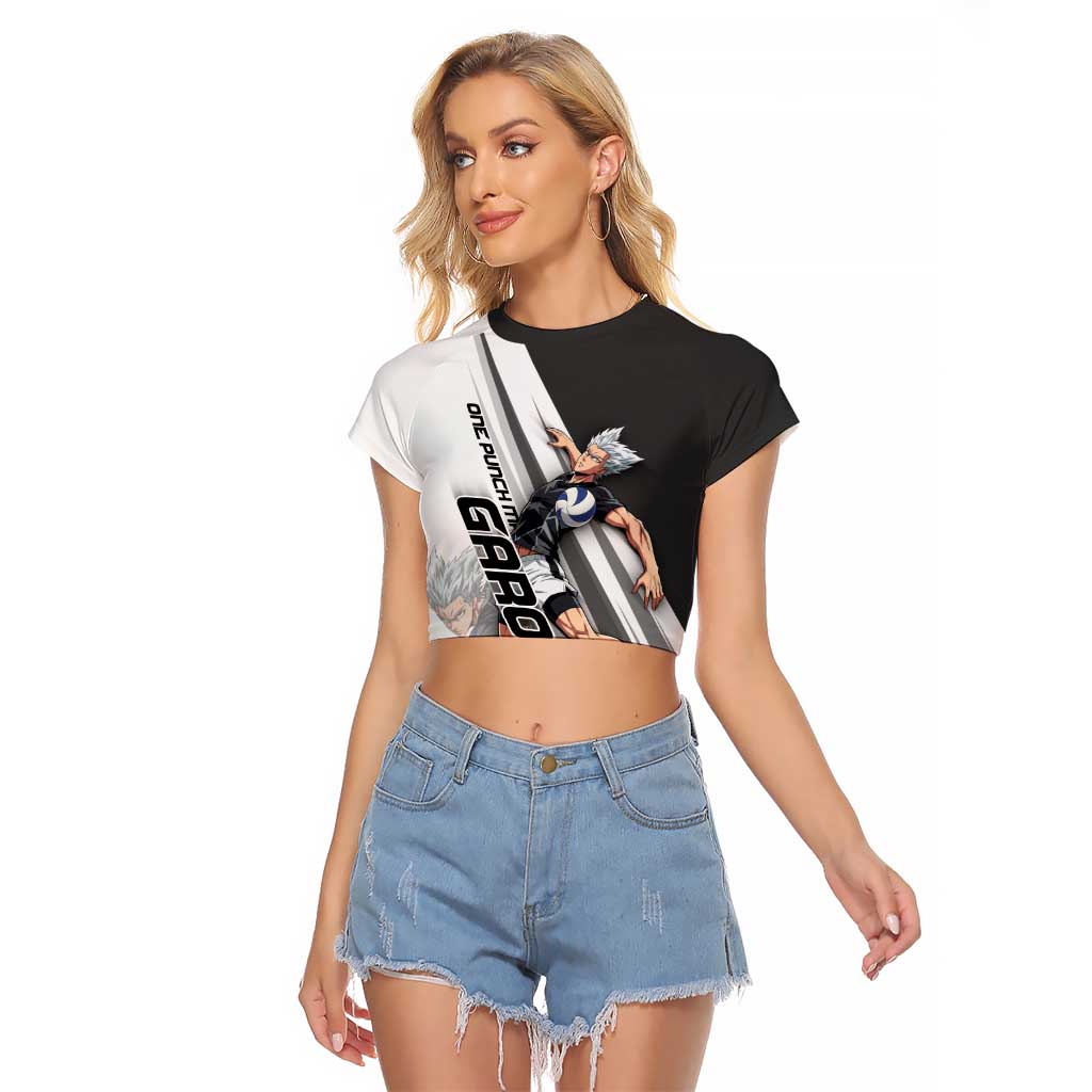 Personalized Garou Volleyball Action Design Raglan Cropped T Shirt with Monochrome Stripes and Dynamic Pose