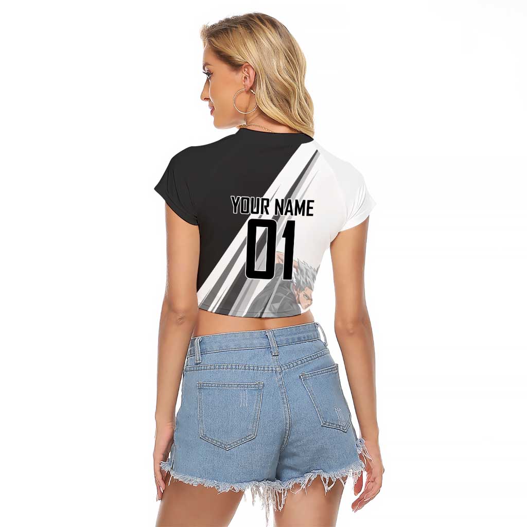 Personalized Garou Volleyball Action Design Raglan Cropped T Shirt with Monochrome Stripes and Dynamic Pose