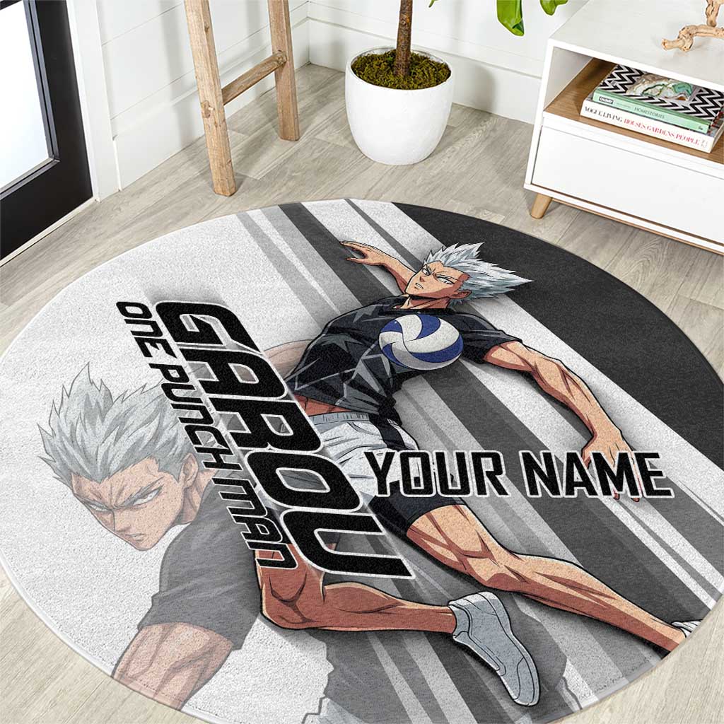 Personalized Garou Volleyball Action Design Round Carpet with Monochrome Stripes and Dynamic Pose