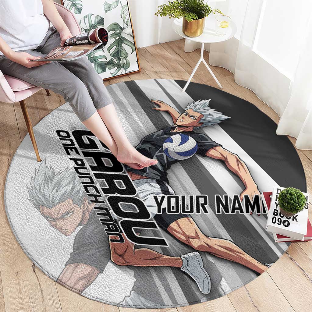 Personalized Garou Volleyball Action Design Round Carpet with Monochrome Stripes and Dynamic Pose