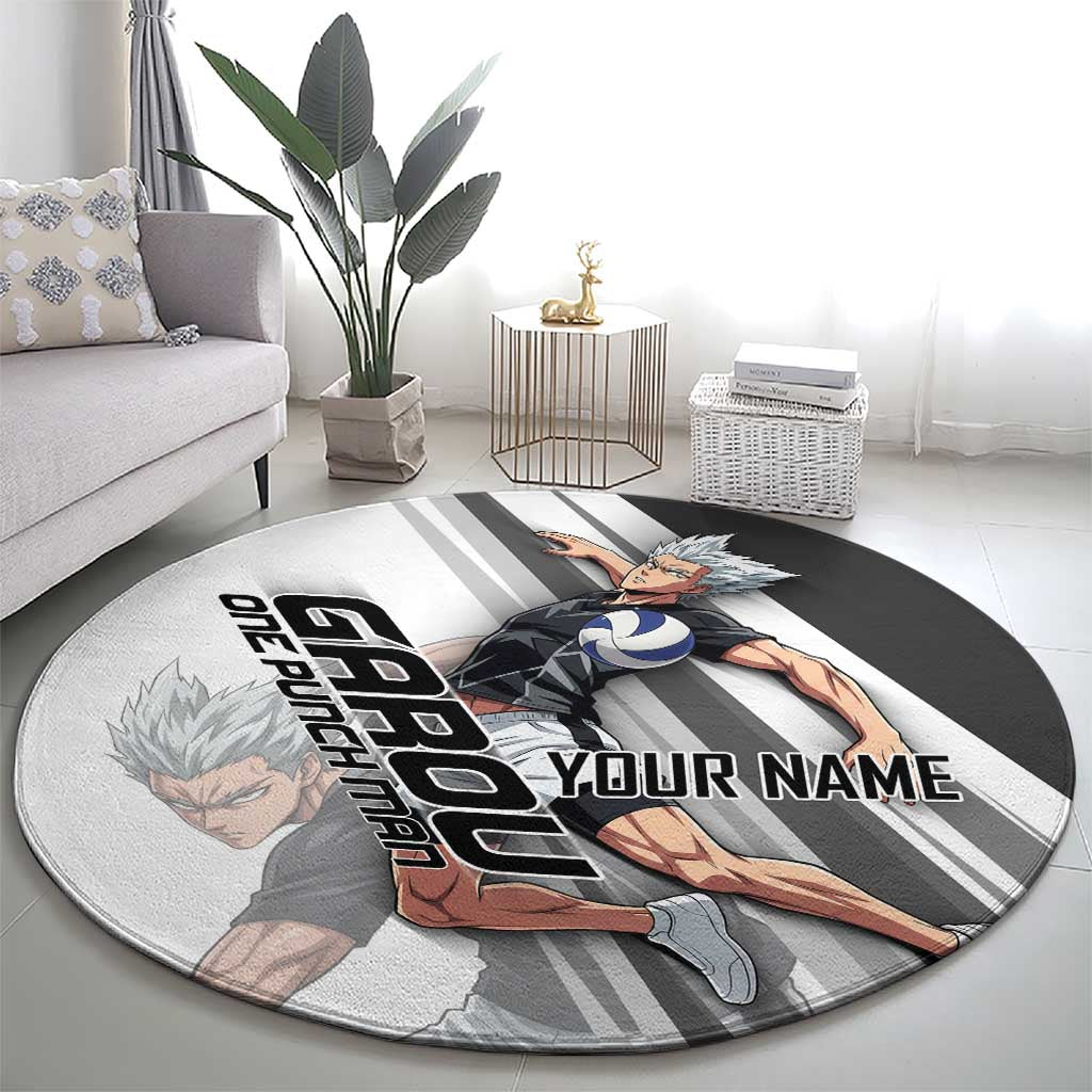 Personalized Garou Volleyball Action Design Round Carpet with Monochrome Stripes and Dynamic Pose