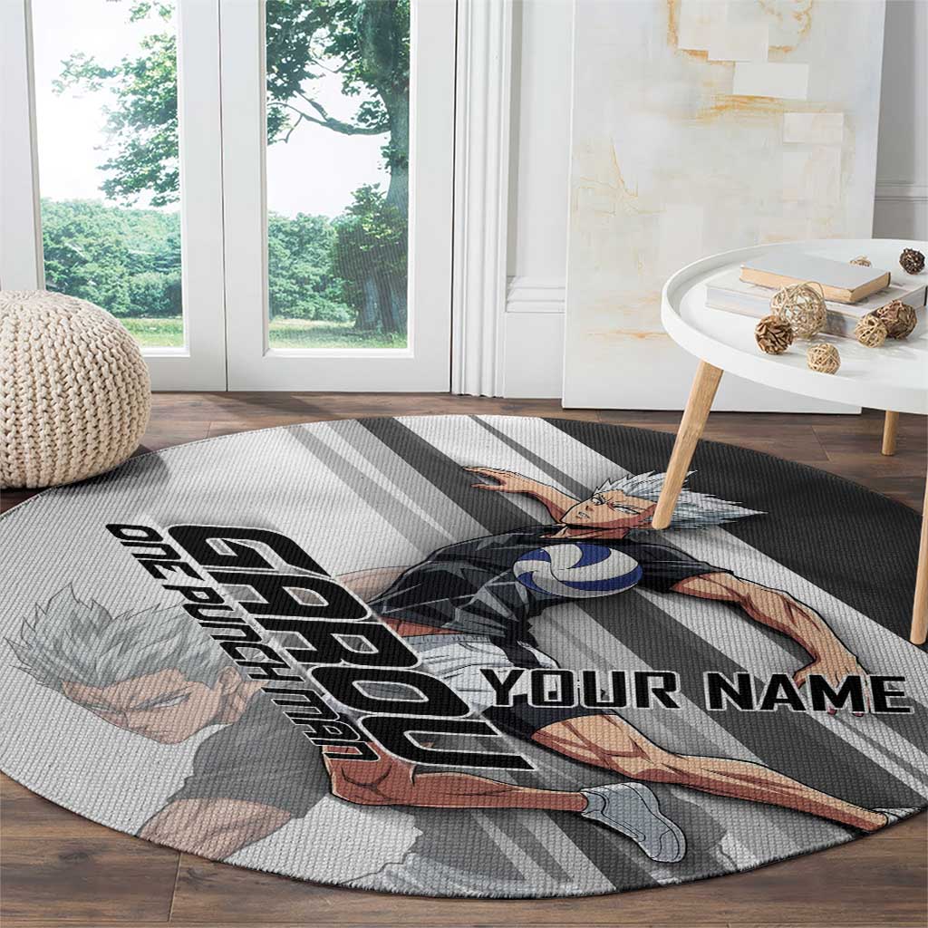 Personalized Garou Volleyball Action Design Round Carpet with Monochrome Stripes and Dynamic Pose