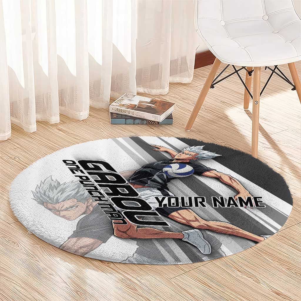 Personalized Garou Volleyball Action Design Round Carpet with Monochrome Stripes and Dynamic Pose