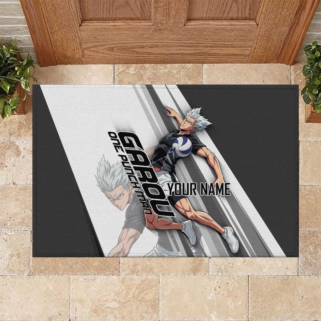 Personalized Garou Volleyball Action Design Rubber Doormat with Monochrome Stripes and Dynamic Pose