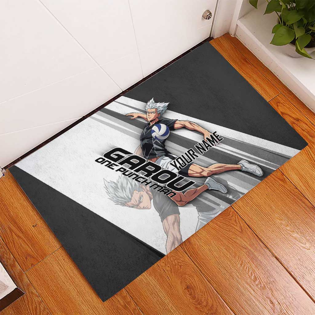 Personalized Garou Volleyball Action Design Rubber Doormat with Monochrome Stripes and Dynamic Pose