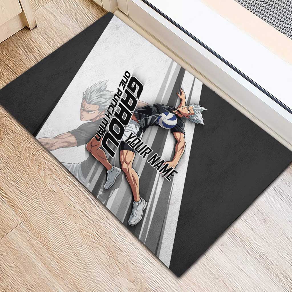 Personalized Garou Volleyball Action Design Rubber Doormat with Monochrome Stripes and Dynamic Pose