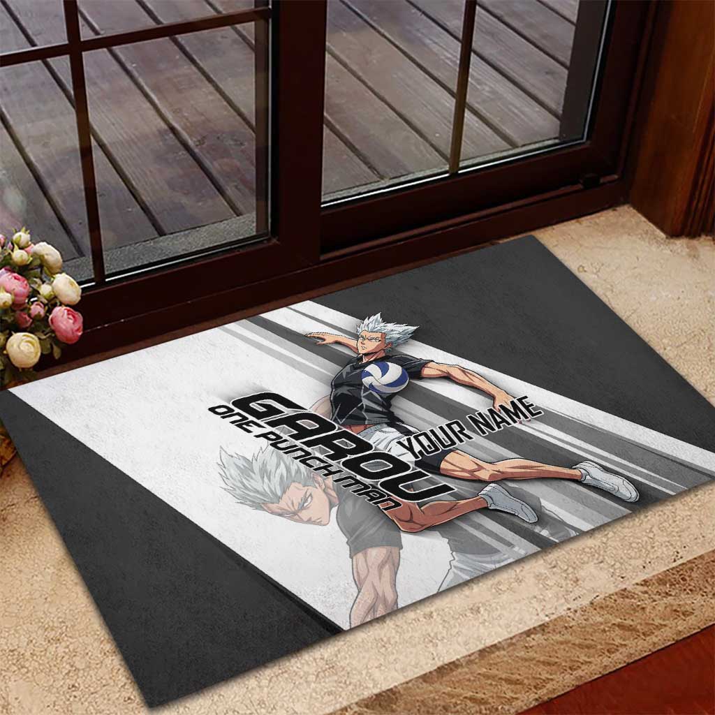 Personalized Garou Volleyball Action Design Rubber Doormat with Monochrome Stripes and Dynamic Pose