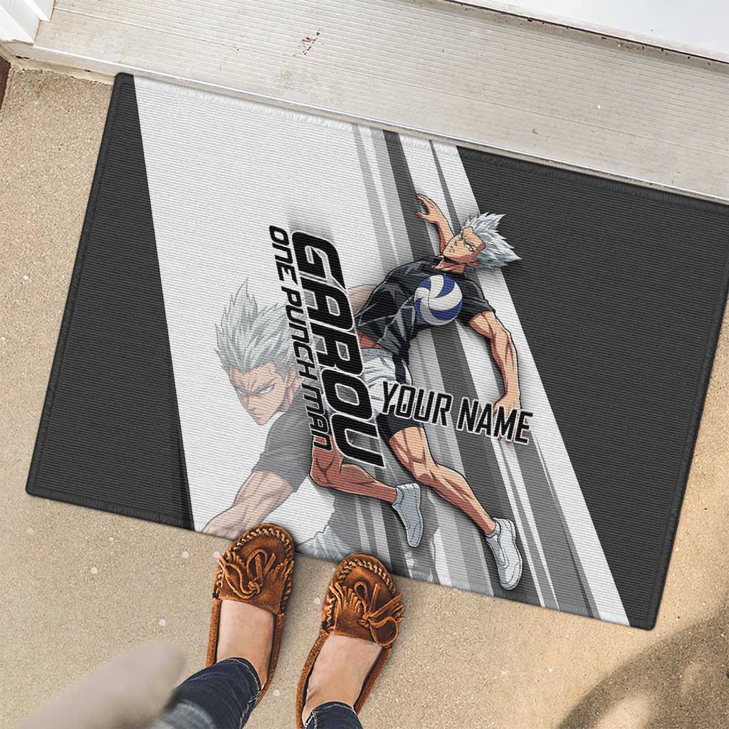 Personalized Garou Volleyball Action Design Rubber Doormat with Monochrome Stripes and Dynamic Pose