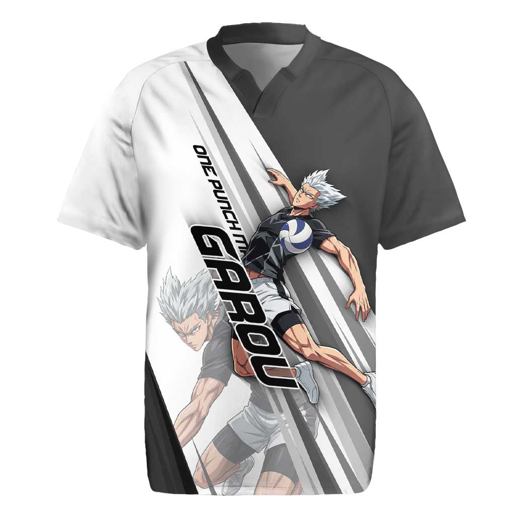 Personalized Garou Volleyball Action Design Rugby Jersey with Monochrome Stripes and Dynamic Pose
