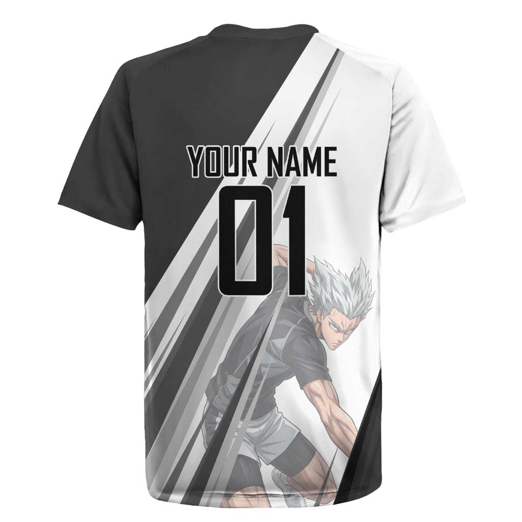 Personalized Garou Volleyball Action Design Rugby Jersey with Monochrome Stripes and Dynamic Pose