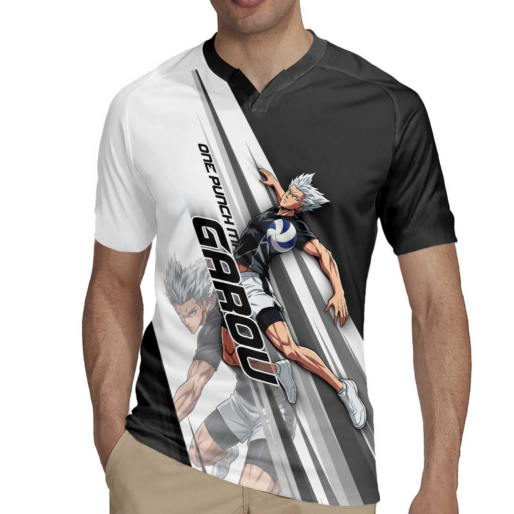 Personalized Garou Volleyball Action Design Rugby Jersey with Monochrome Stripes and Dynamic Pose