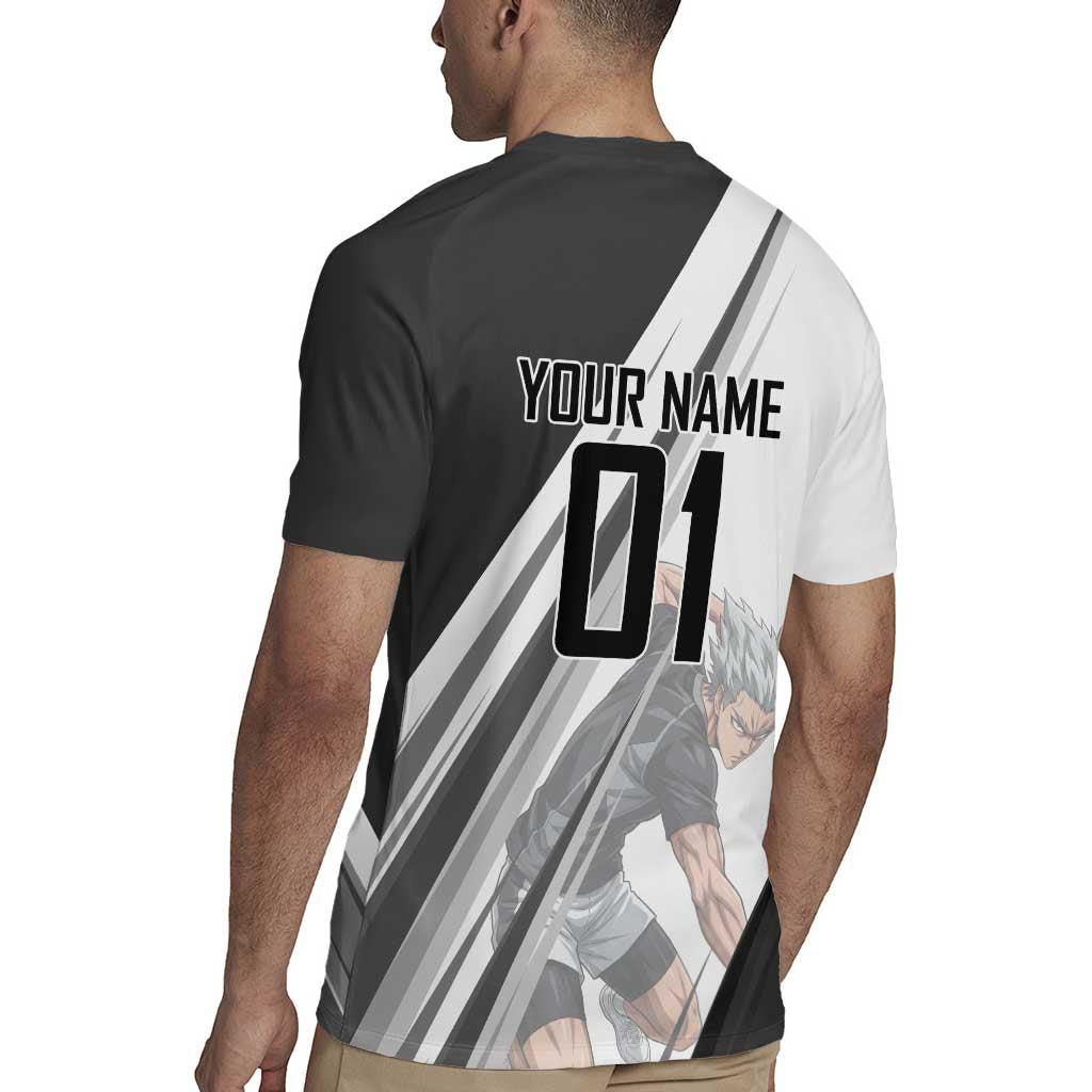 Personalized Garou Volleyball Action Design Rugby Jersey with Monochrome Stripes and Dynamic Pose