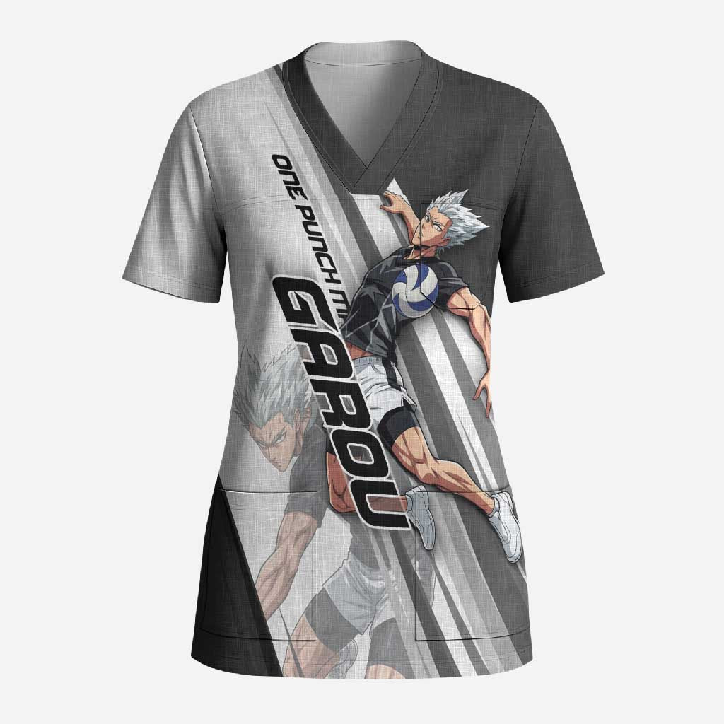 Personalized Garou Volleyball Action Design Scrub Top with Monochrome Stripes and Dynamic Pose