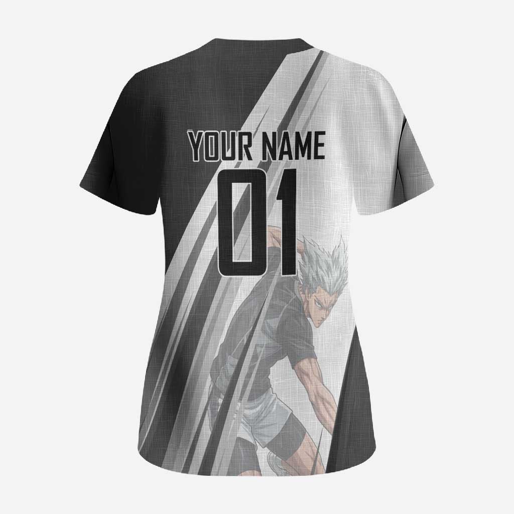 Personalized Garou Volleyball Action Design Scrub Top with Monochrome Stripes and Dynamic Pose