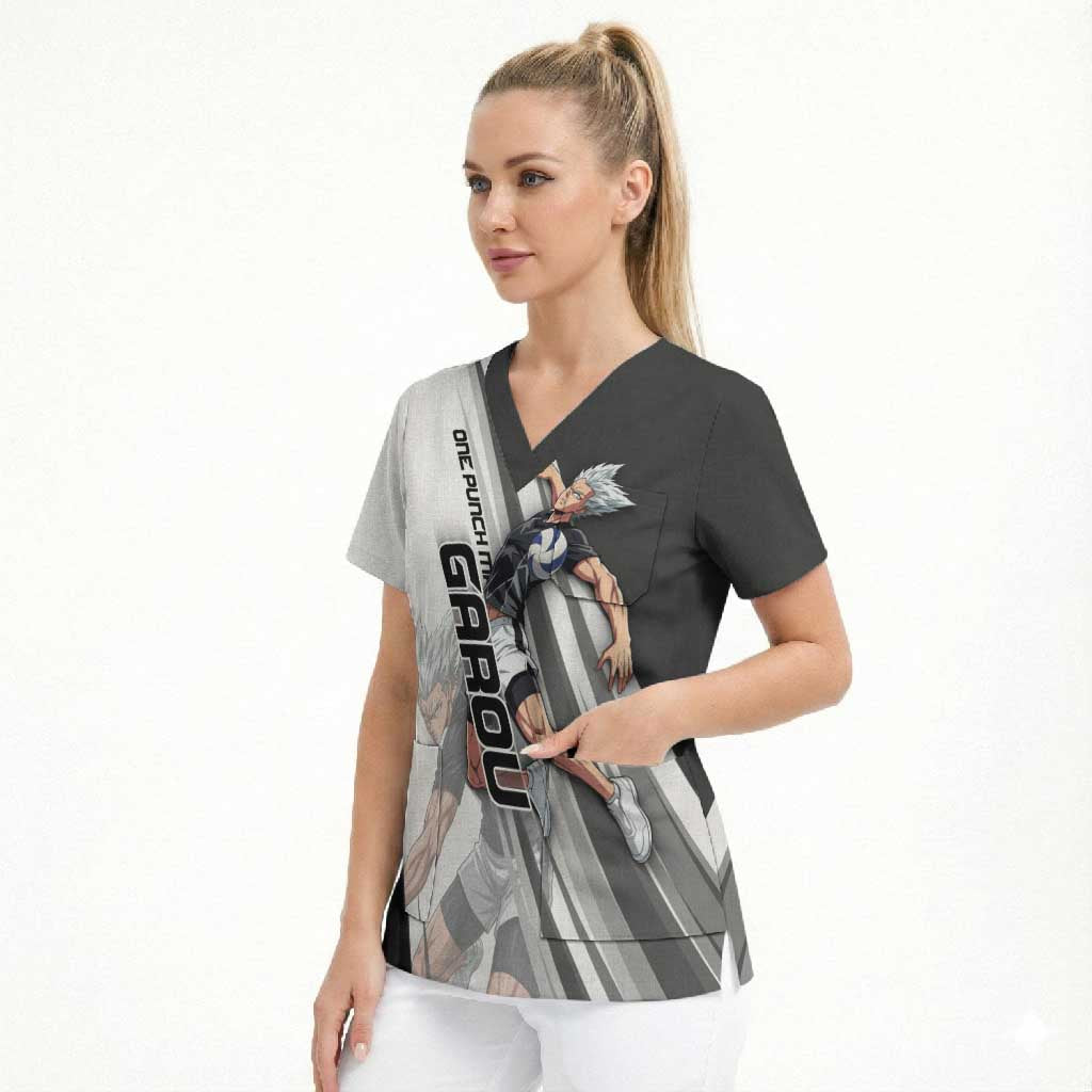 Personalized Garou Volleyball Action Design Scrub Top with Monochrome Stripes and Dynamic Pose
