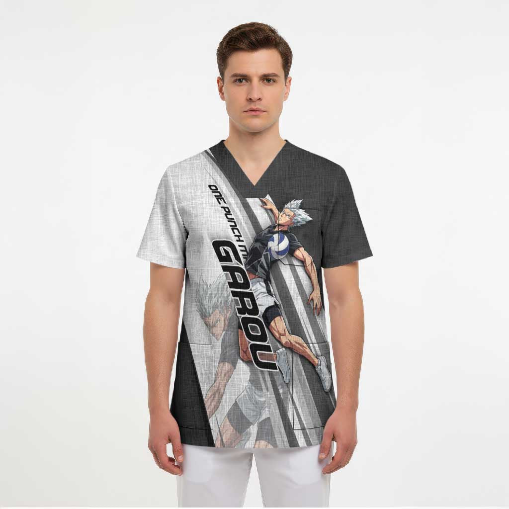 Personalized Garou Volleyball Action Design Scrub Top with Monochrome Stripes and Dynamic Pose