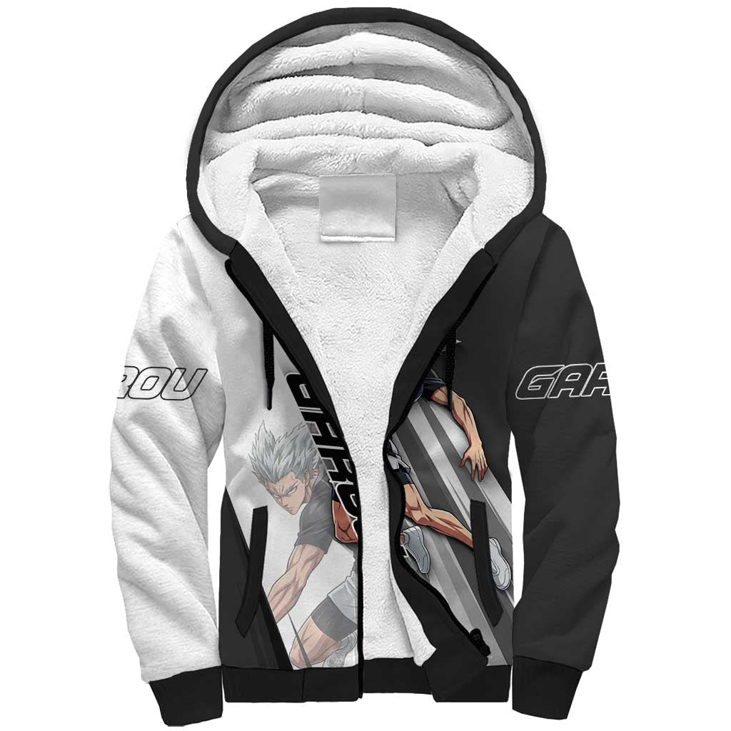 Personalized Garou Volleyball Action Design Sherpa Hoodie with Monochrome Stripes and Dynamic Pose