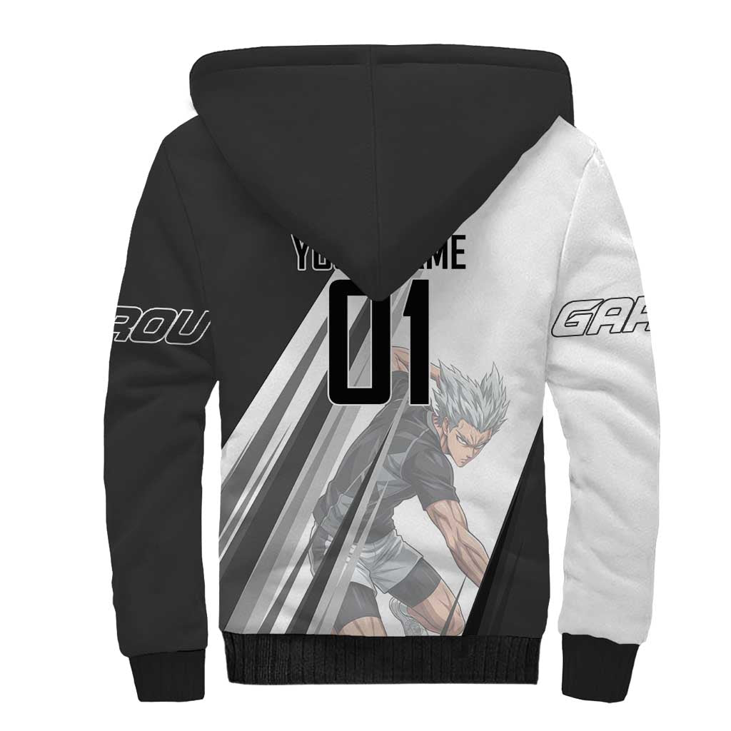 Personalized Garou Volleyball Action Design Sherpa Hoodie with Monochrome Stripes and Dynamic Pose