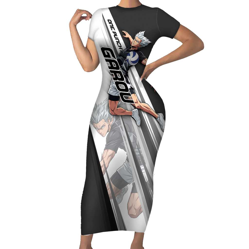 Personalized Garou Volleyball Action Design Short Sleeve Bodycon Dress with Monochrome Stripes and Dynamic Pose