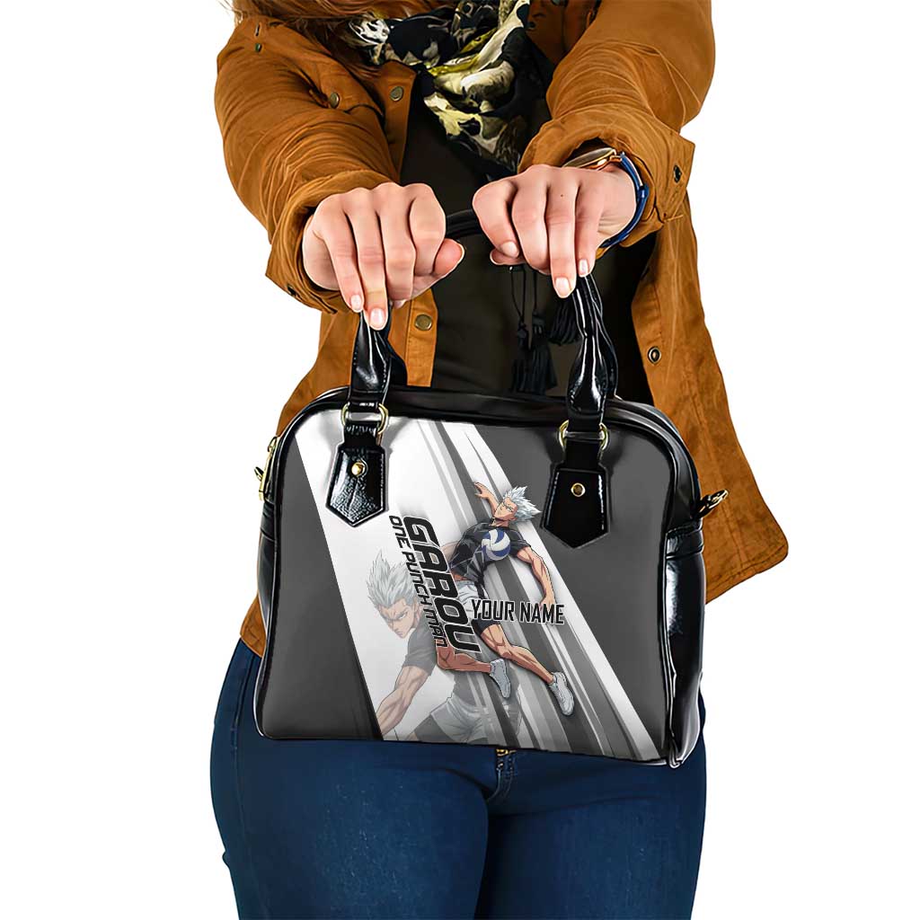 Personalized Garou Volleyball Action Design Shoulder Handbag with Monochrome Stripes and Dynamic Pose