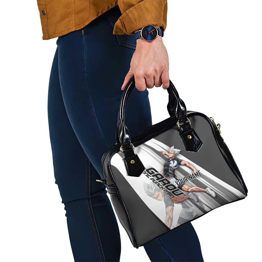 Personalized Garou Volleyball Action Design Shoulder Handbag with Monochrome Stripes and Dynamic Pose