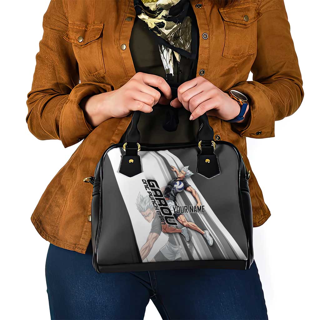 Personalized Garou Volleyball Action Design Shoulder Handbag with Monochrome Stripes and Dynamic Pose