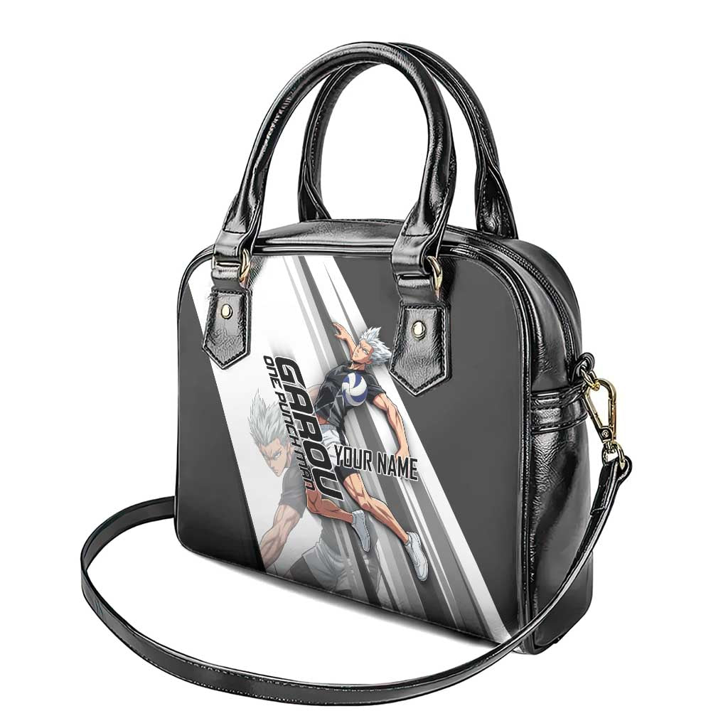 Personalized Garou Volleyball Action Design Shoulder Handbag with Monochrome Stripes and Dynamic Pose