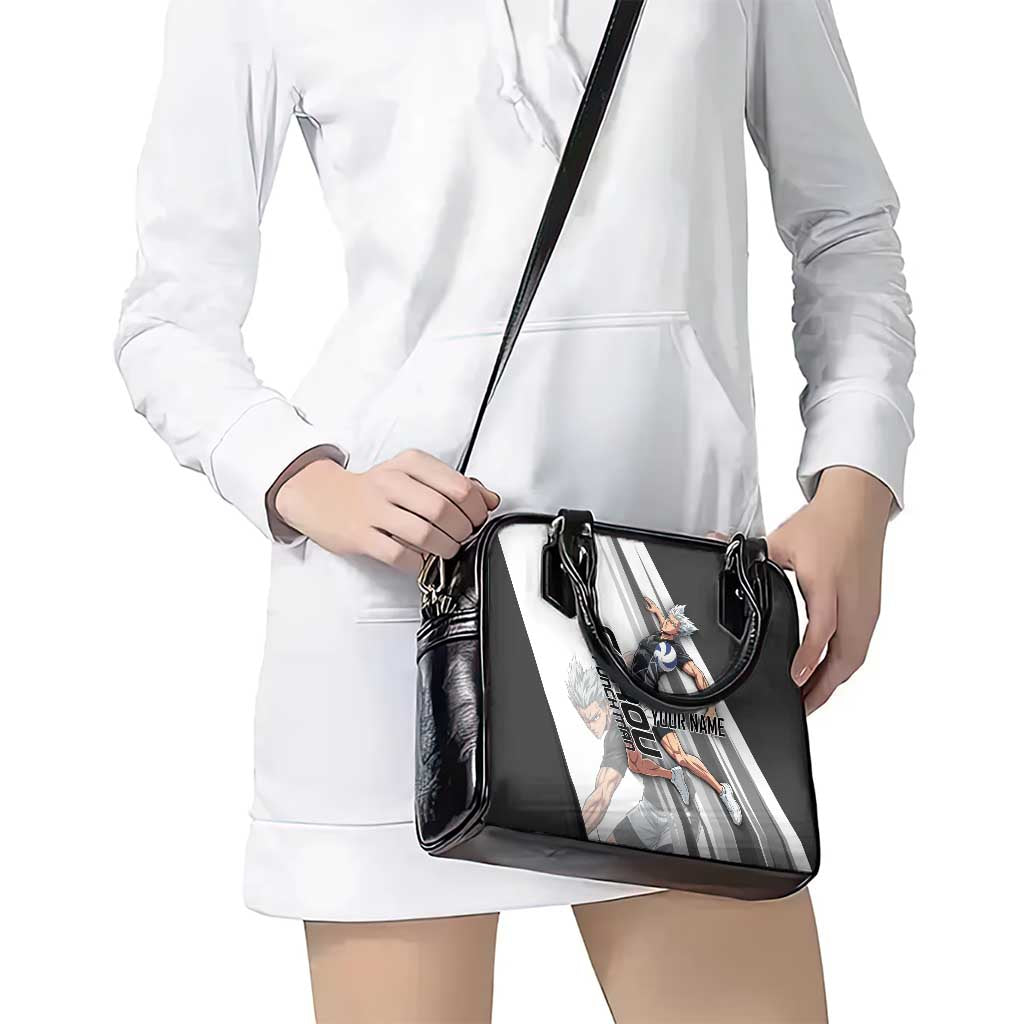 Personalized Garou Volleyball Action Design Shoulder Handbag with Monochrome Stripes and Dynamic Pose