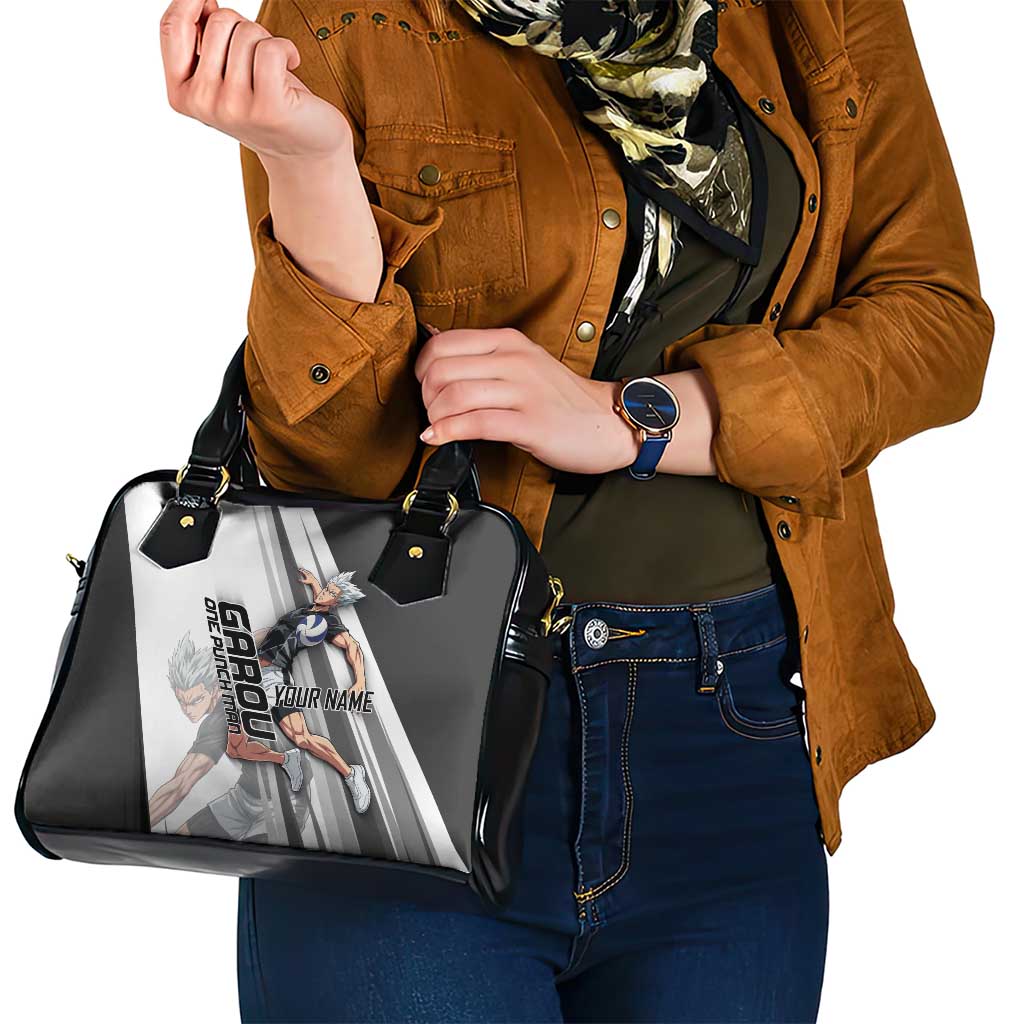 Personalized Garou Volleyball Action Design Shoulder Handbag with Monochrome Stripes and Dynamic Pose