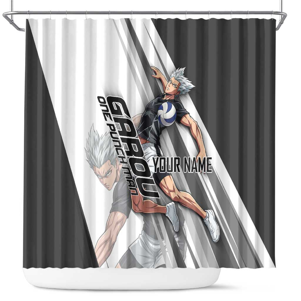 Personalized Garou Volleyball Action Design Shower Curtain with Monochrome Stripes and Dynamic Pose
